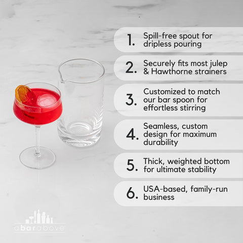 A Bar Above cocktail mixing glass curved interior promotes smoother stirring with less resistance.