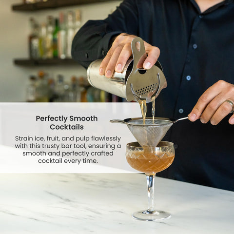 A Bar Above ergonomic handle strainer provides comfortable grip during long prep sessions.