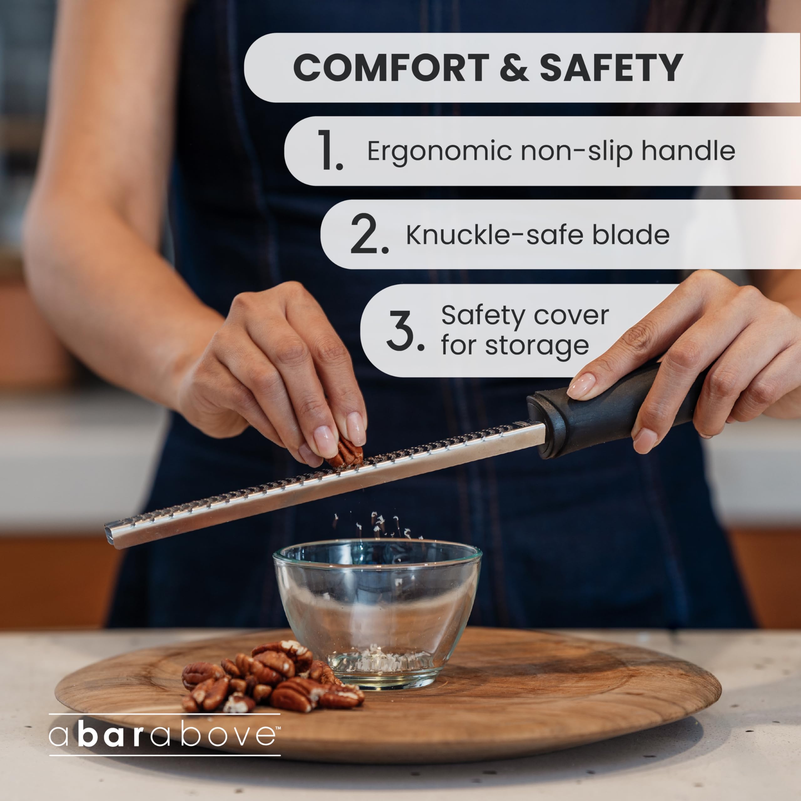 A Bar Above ergonomic non slip handle enables comfortable, controlled zesting.