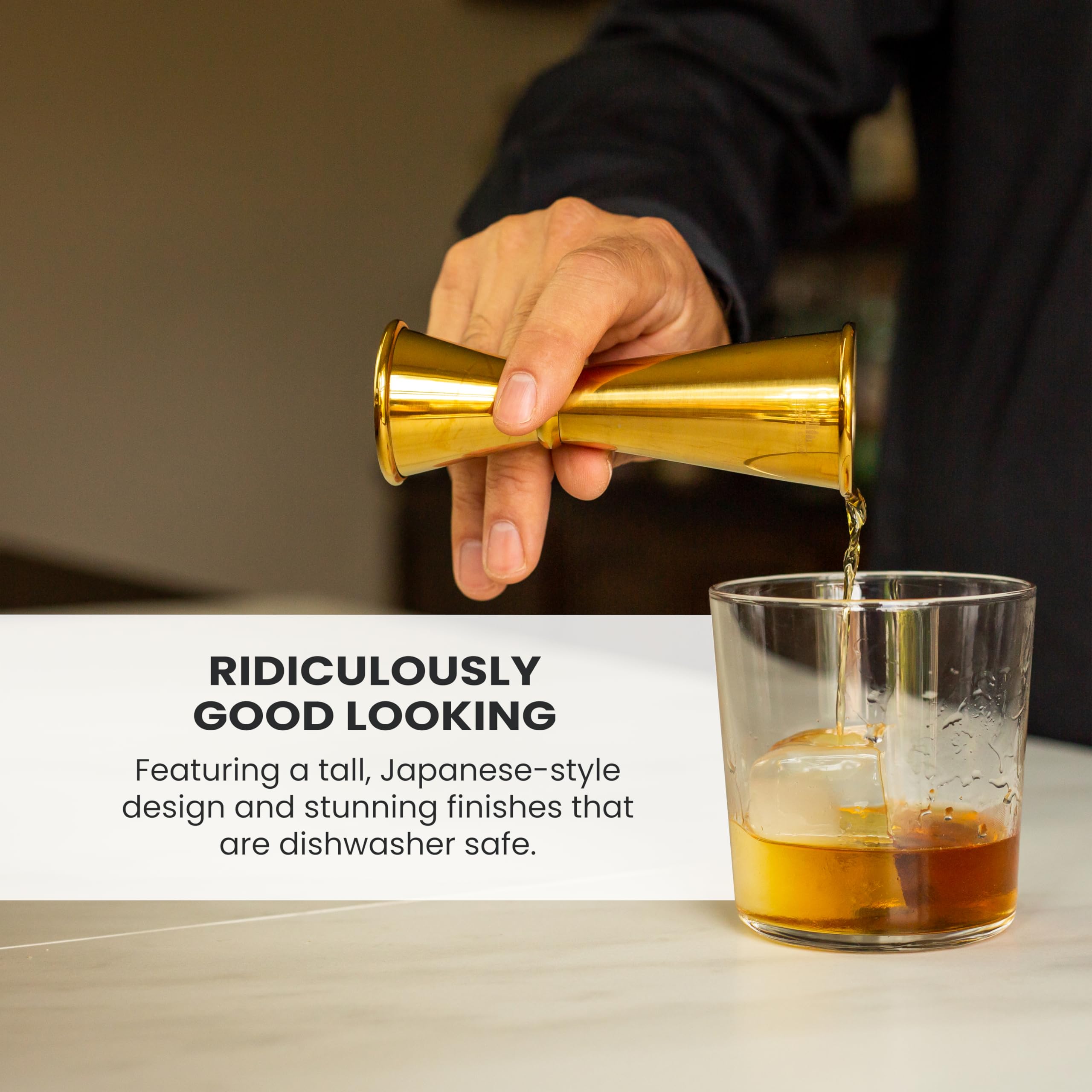 A Bar Above jigger features ergonomic balance for quick, steady pours.