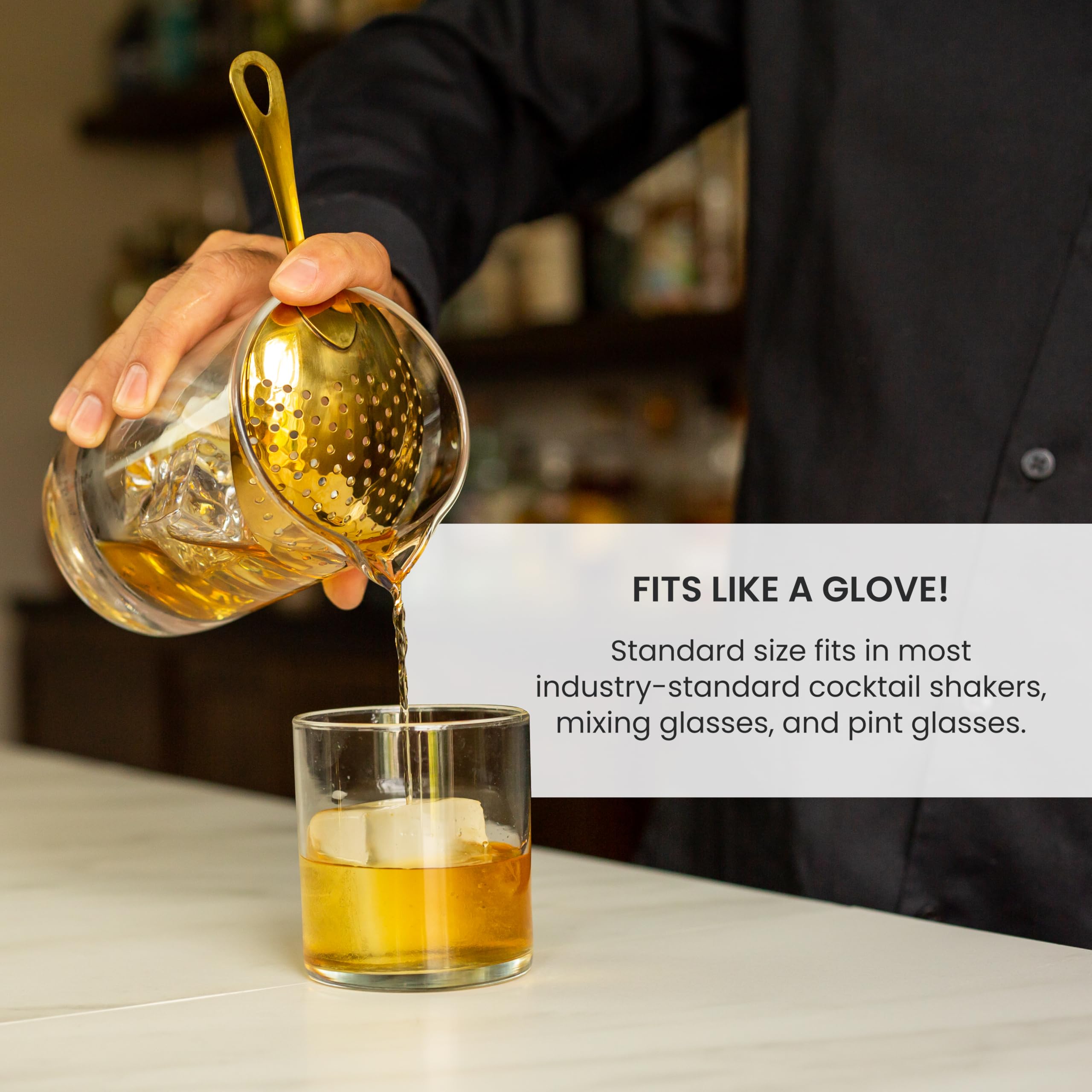 A Bar Above julep strainer on mixing glass ensures precise, controlled pours.