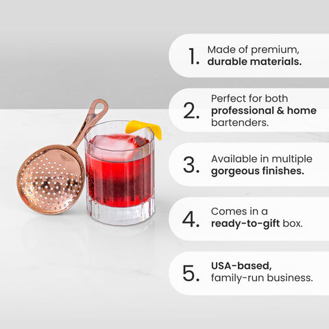 A Bar Above julep strainer perforations detail enables smooth, ice-free pours.