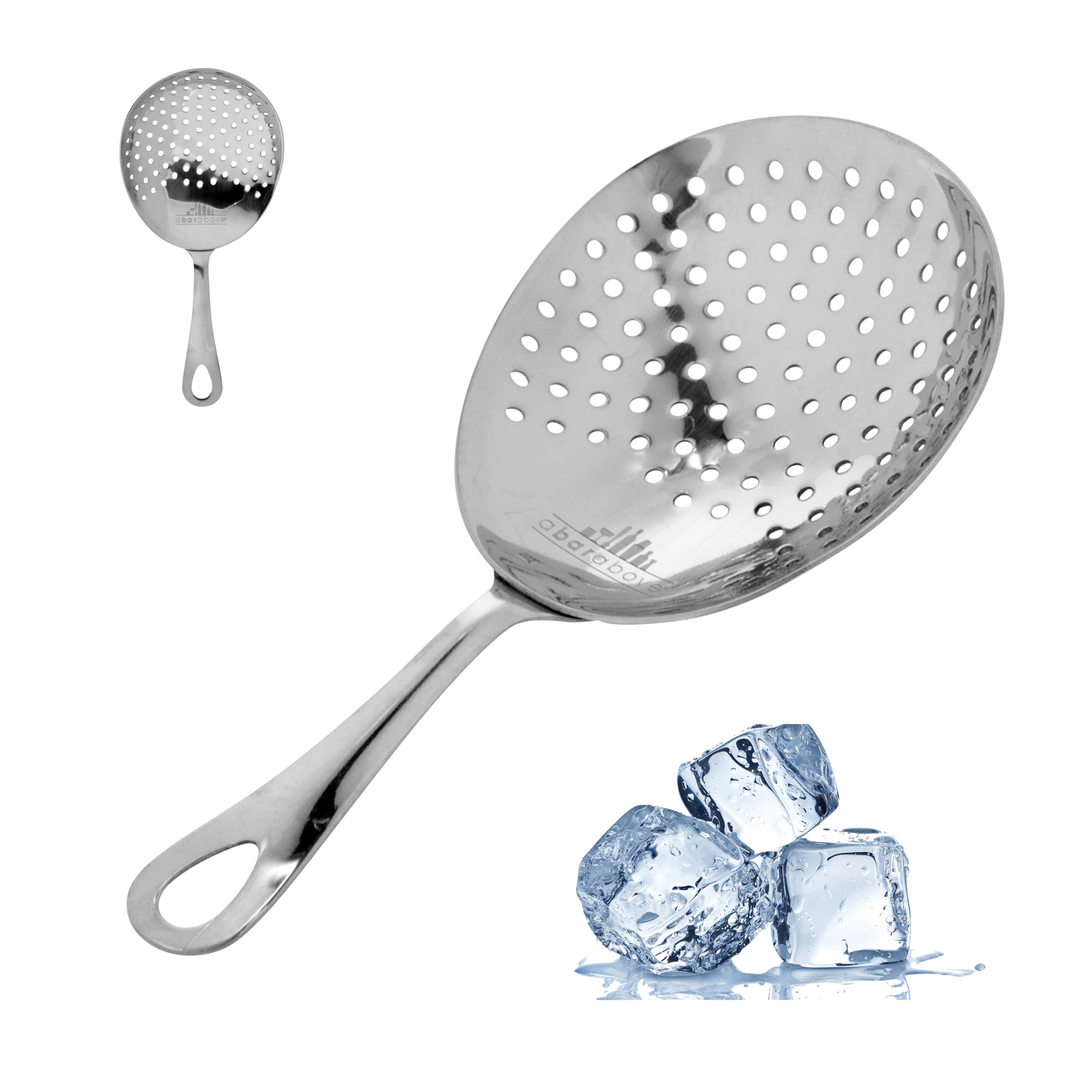 A Bar Above julep strainer close-up highlighting durable stainless steel for daily bar use.