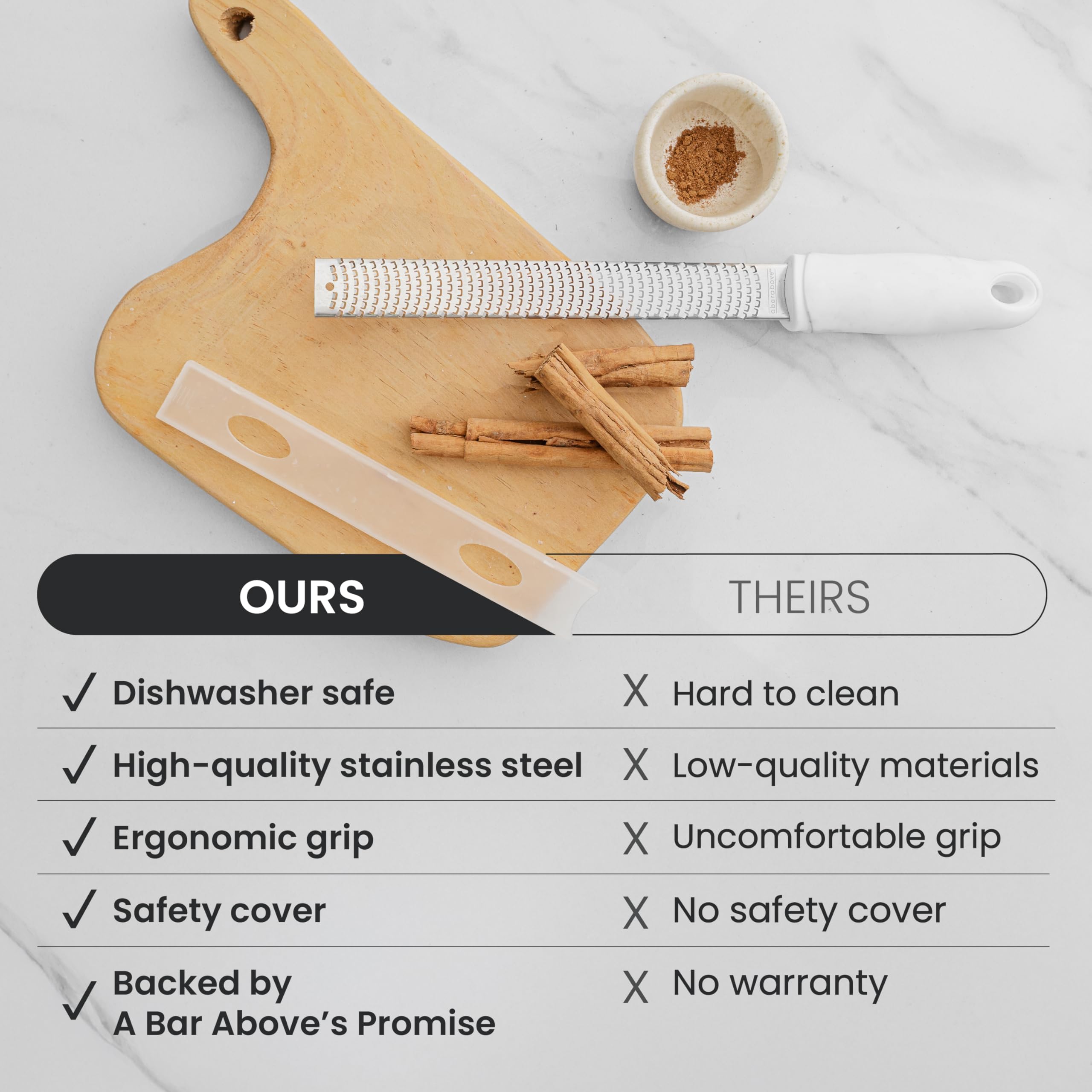 A Bar Above premium 18-8 stainless steel blade maintains lasting sharpness.