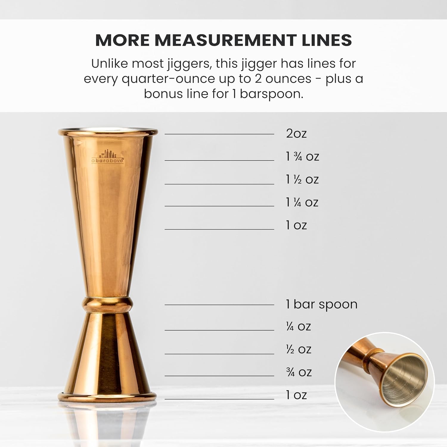 A Bar Above jigger shown as dishwasher-safe for easy cleanup after service.