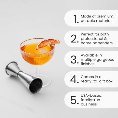 A Bar Above dual-measure jigger shows 1oz and 2oz marks for quick accuracy.