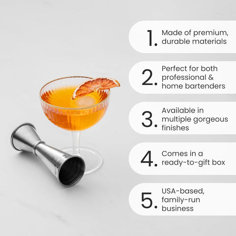A Bar Above jigger with ergonomic handle for comfortable, quick pours.