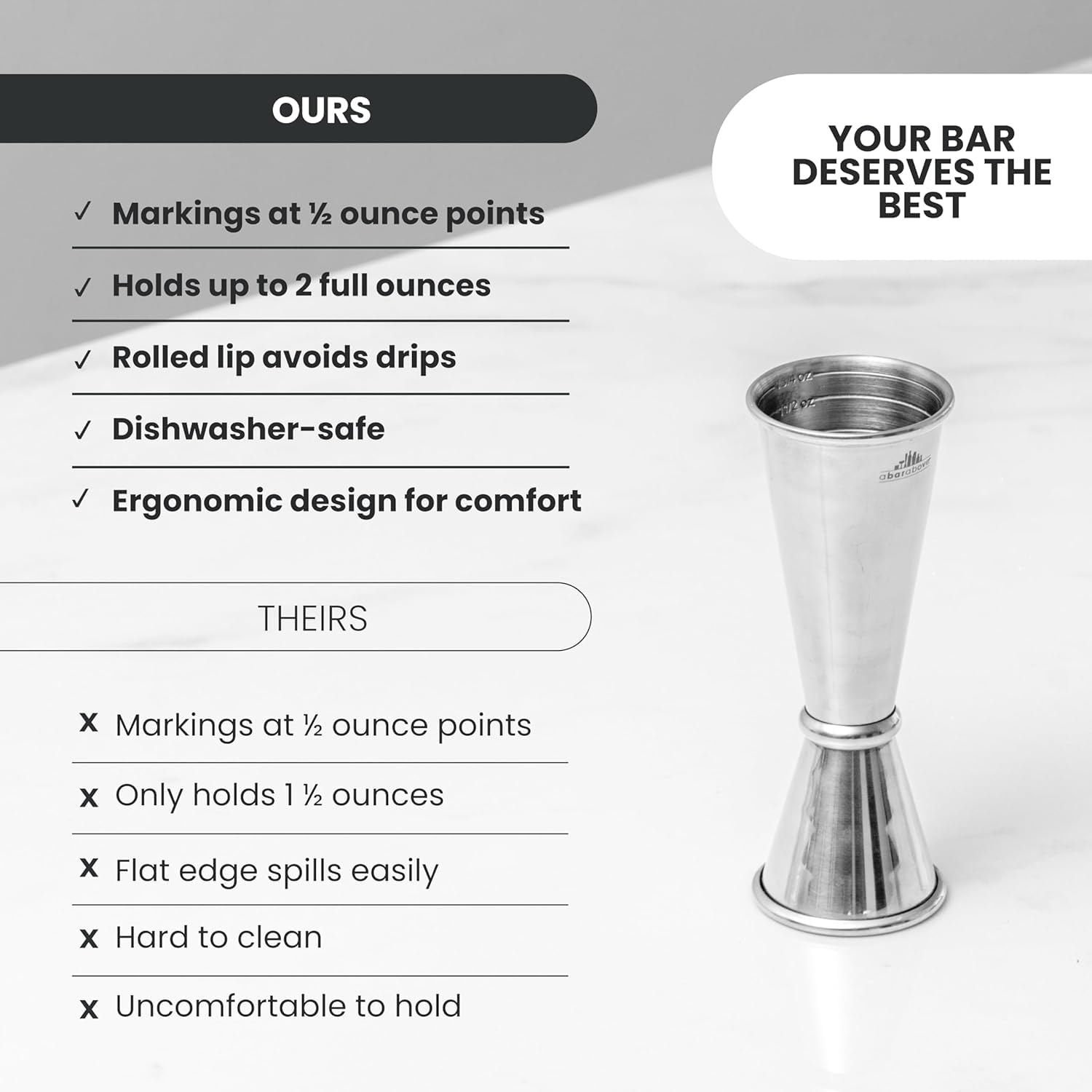 A Bar Above jigger's sleek design enables fast, precise measurement during busy shifts.