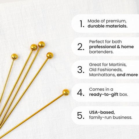 A Bar Above stainless steel garnish picks, dishwasher safe for quick cleanup.