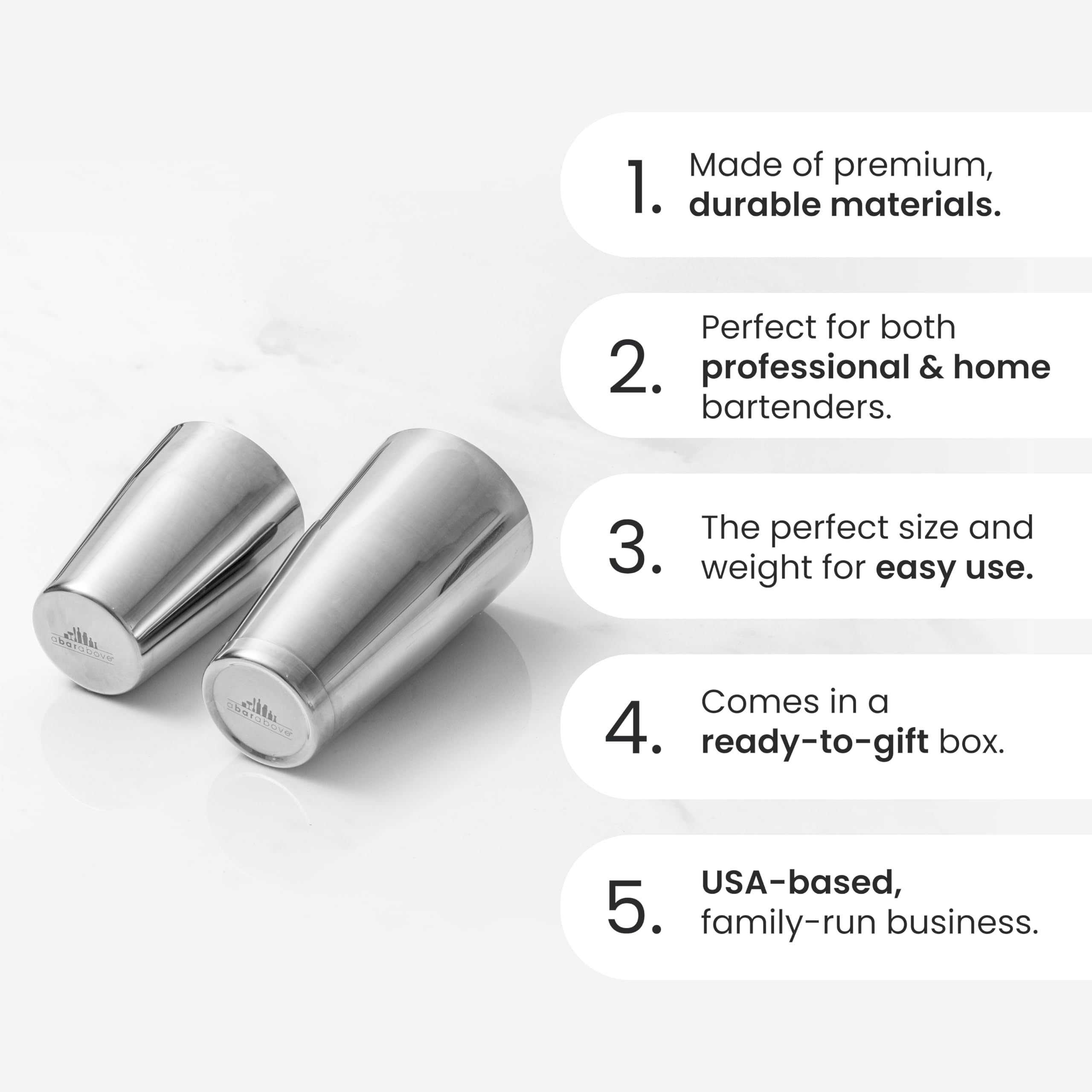 A Bar Above unweighted tin emphasizes tight seal during shakes.