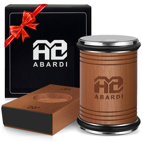 Abardi rolling knife sharpener with wooden base for everyday kitchen sharpening.