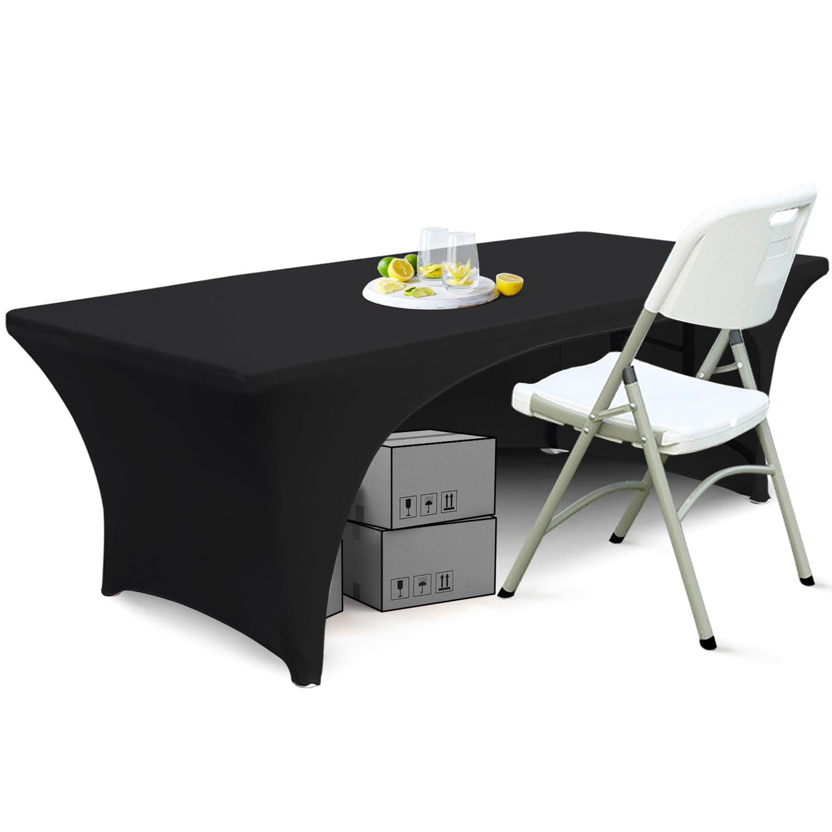 ABCCANOPY 6ft spandex table cover with open back in black for a professional event setup