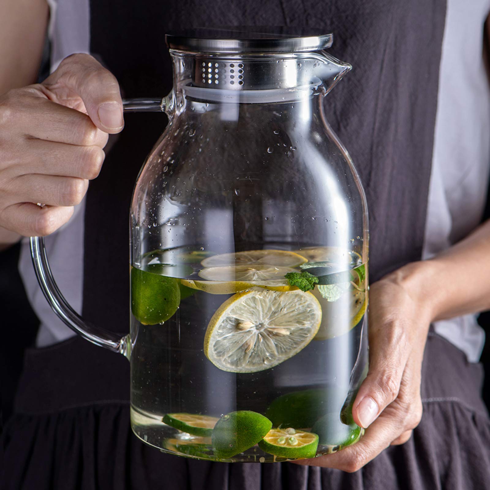 Abdodar glass pitcher chilling in fridge for cold beverages.