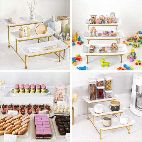 Abiglifty party buffet display setup with multiple tiers