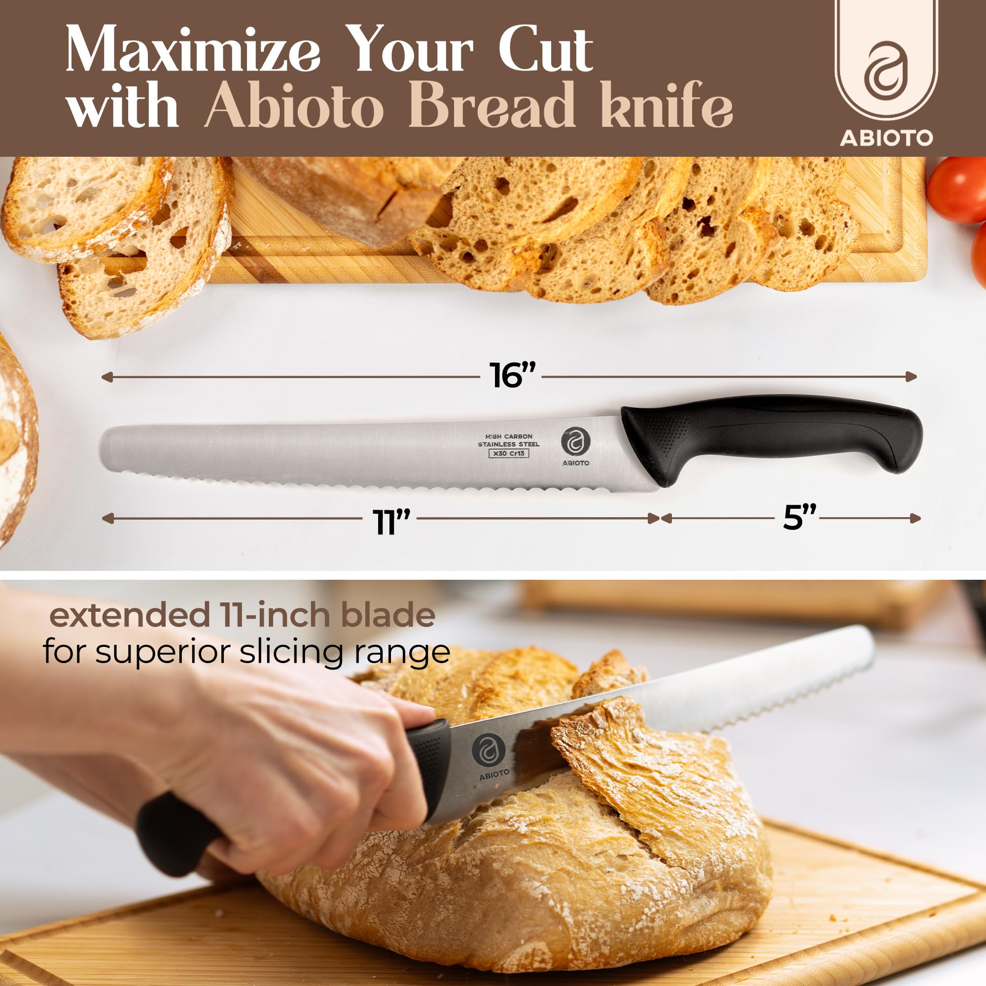 ABIOTO 11-inch bread knife full view highlights balanced design