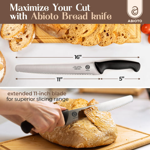 ABIOTO 11-inch bread knife full view highlights balanced design
