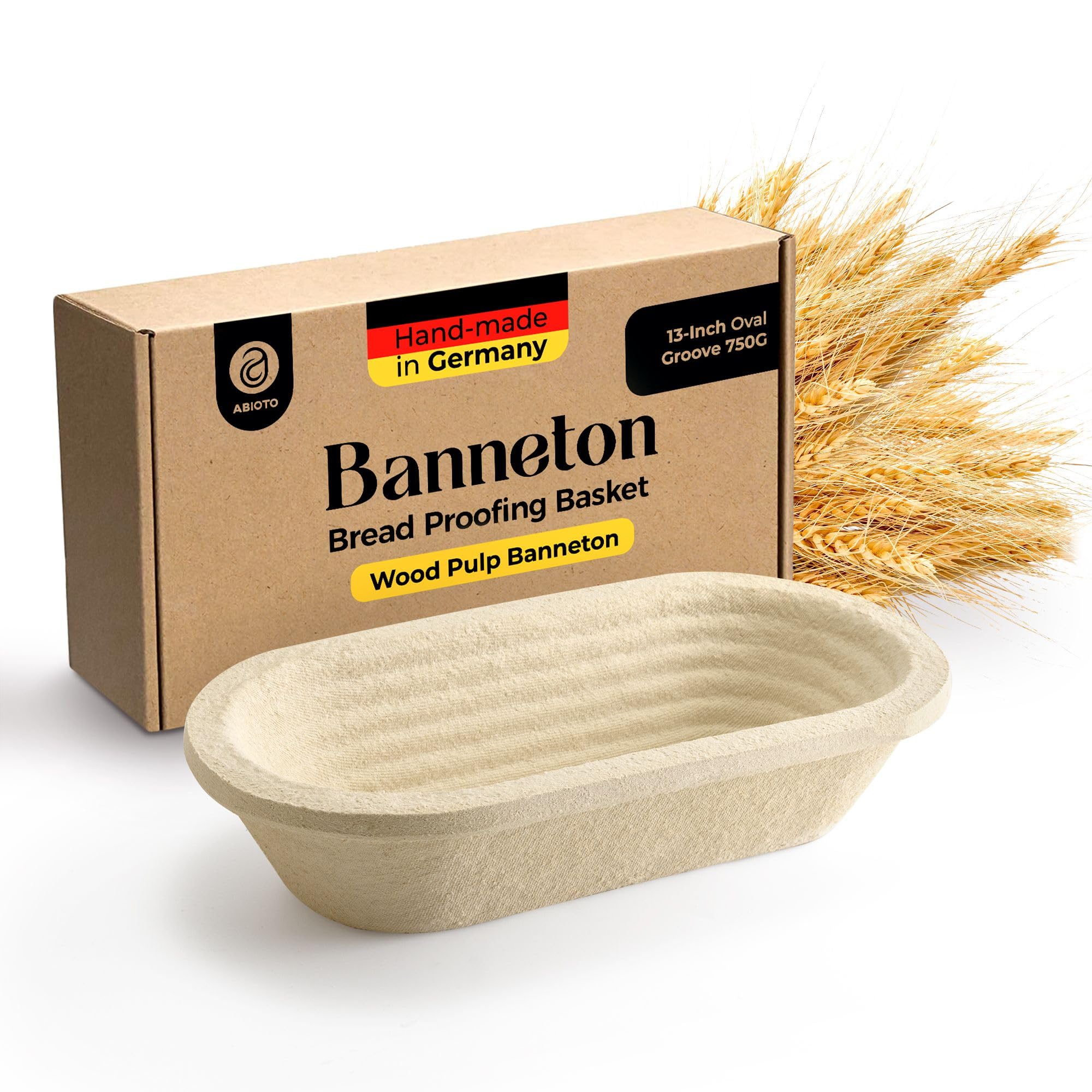 ABIOTO banneton 13-inch oval with grooved pattern promotes even rise and crust texture.