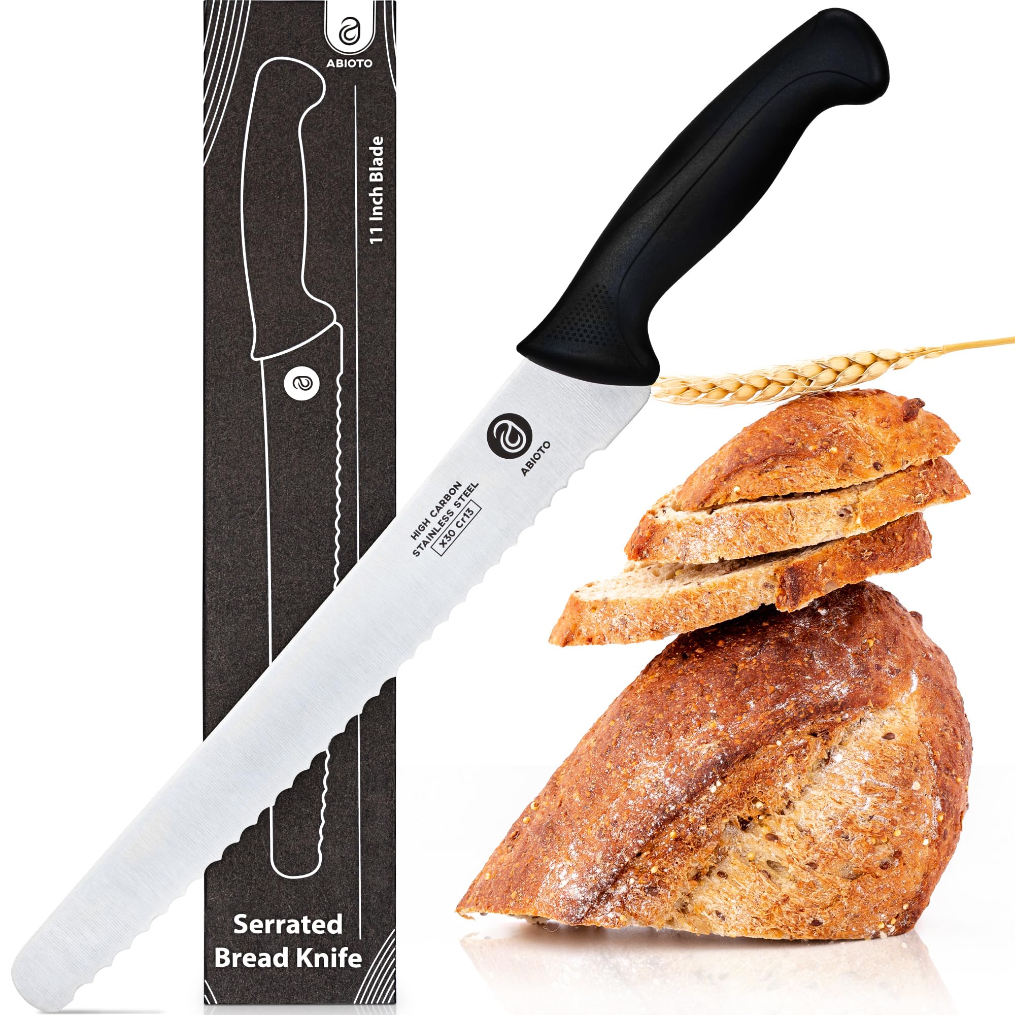 ABIOTO serrated bread knife close-up blade shows sharp serrations for clean cuts