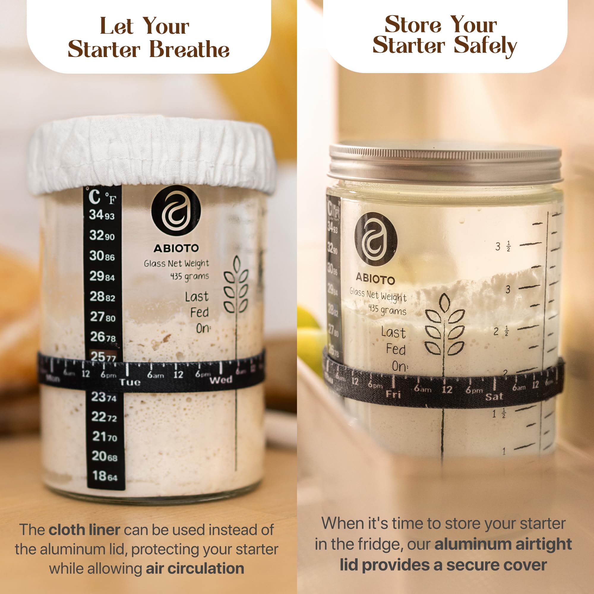 ABIOTO starter jar with thermometer for reliable starter health checks.