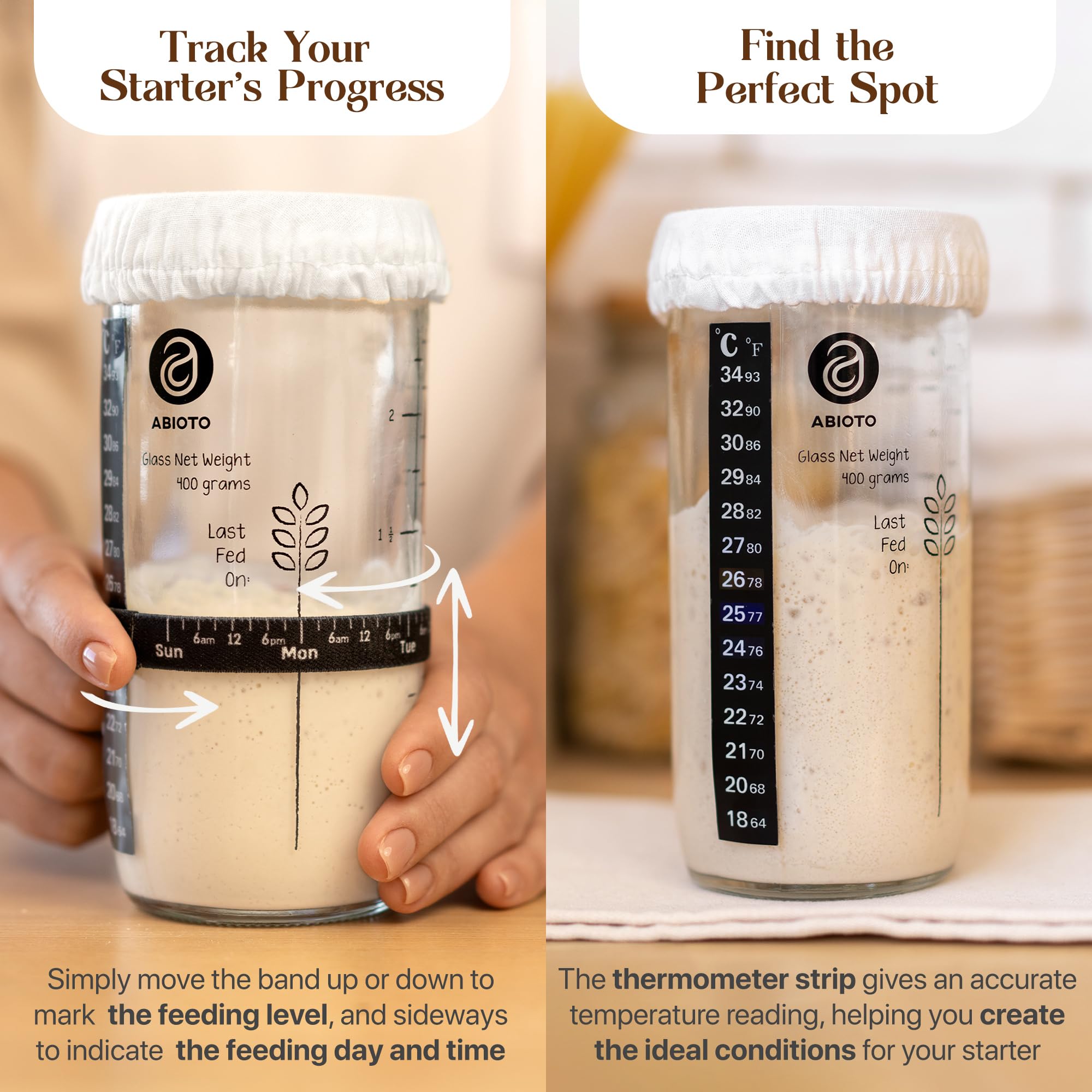 ABIOTO starter-jar thermometer-band helps track feeding and activity of your starter