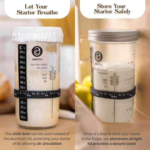ABIOTO starter jar with thermometer and day band supports healthy, monitored sourdough feeding
