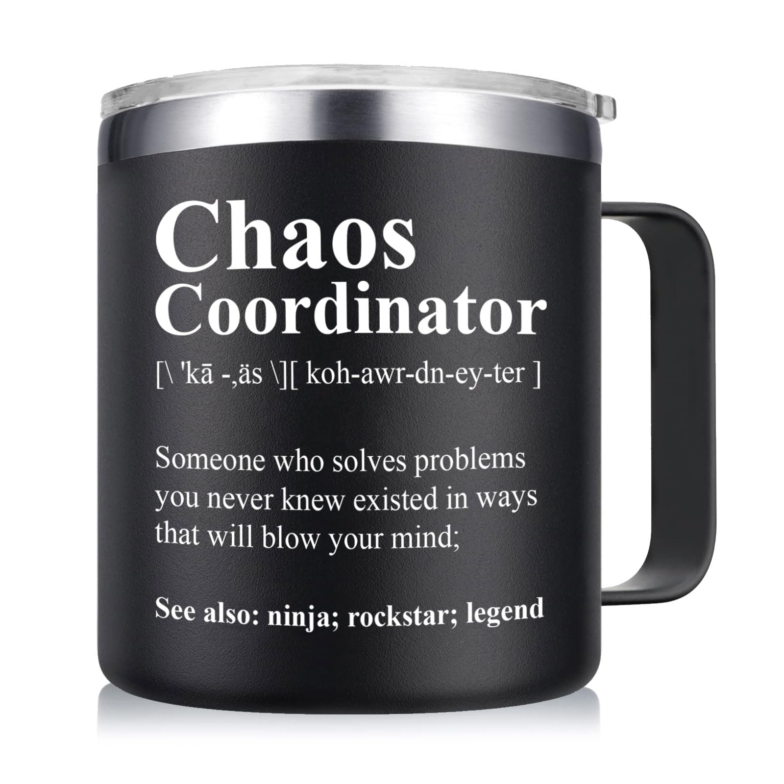 Abledn Chaos Coordinator mug-tumbler in black, 14oz, ideal for daily office use