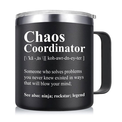 Abledn Chaos Coordinator mug-tumbler in black, 14oz, ideal for daily office use