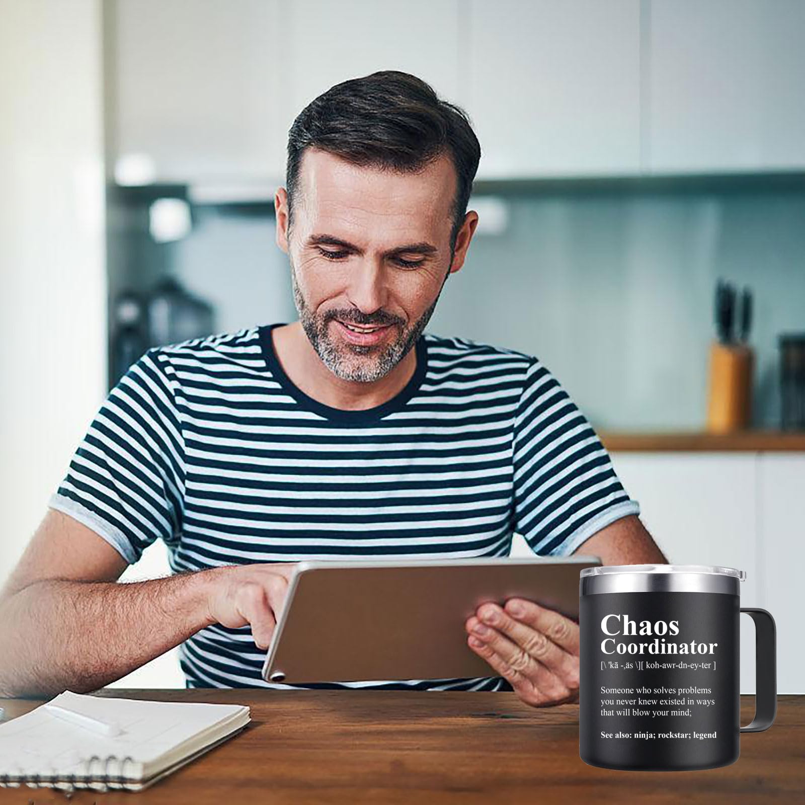 Coffee and tea setup with Abledn Chaos Coordinator mug-tumbler, versatile use