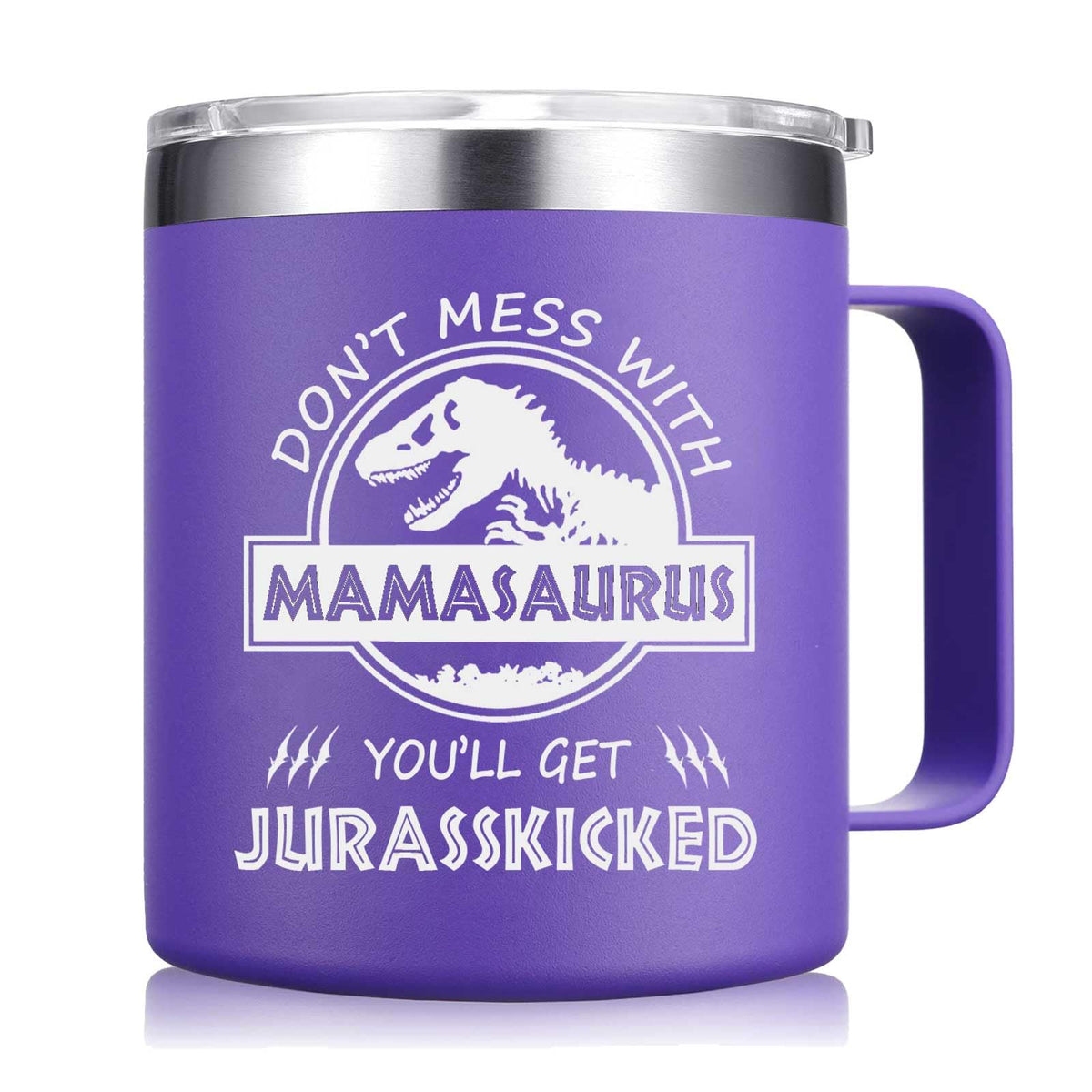 Abledn Don't Mess With Mamasaurus mug, 14oz purple, ideal for daily coffee or tea.