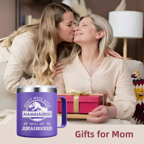 Abledn 14oz purple Mamasaurus mug suitable for home or office use.