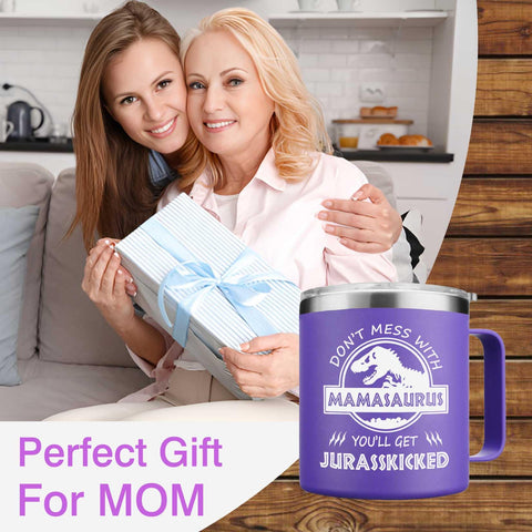Abledn Mamasaurus mug with insulated stainless steel keeps beverages hot or cold.