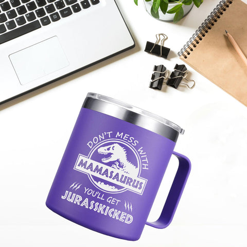 Abledn Mamasaurus mug ready for outdoor use on camping or picnics.
