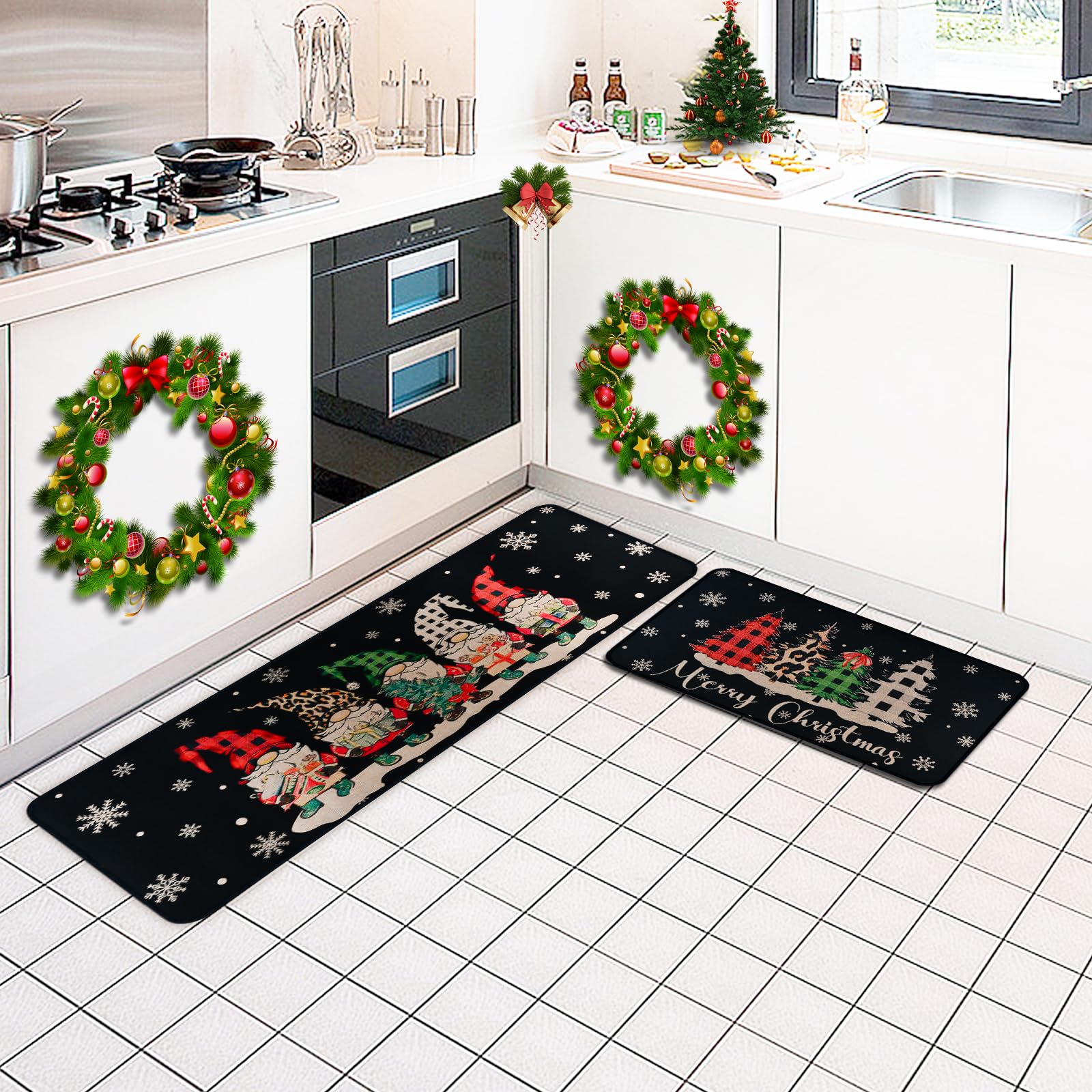 ABONDEVER Christmas gnome motif rug adds festive charm to your kitchen floor.