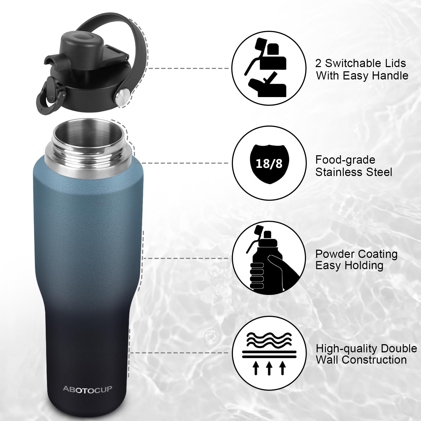 ABOTOCUP vacuum-insulated bottle keeps beverages hot or cold for hours.