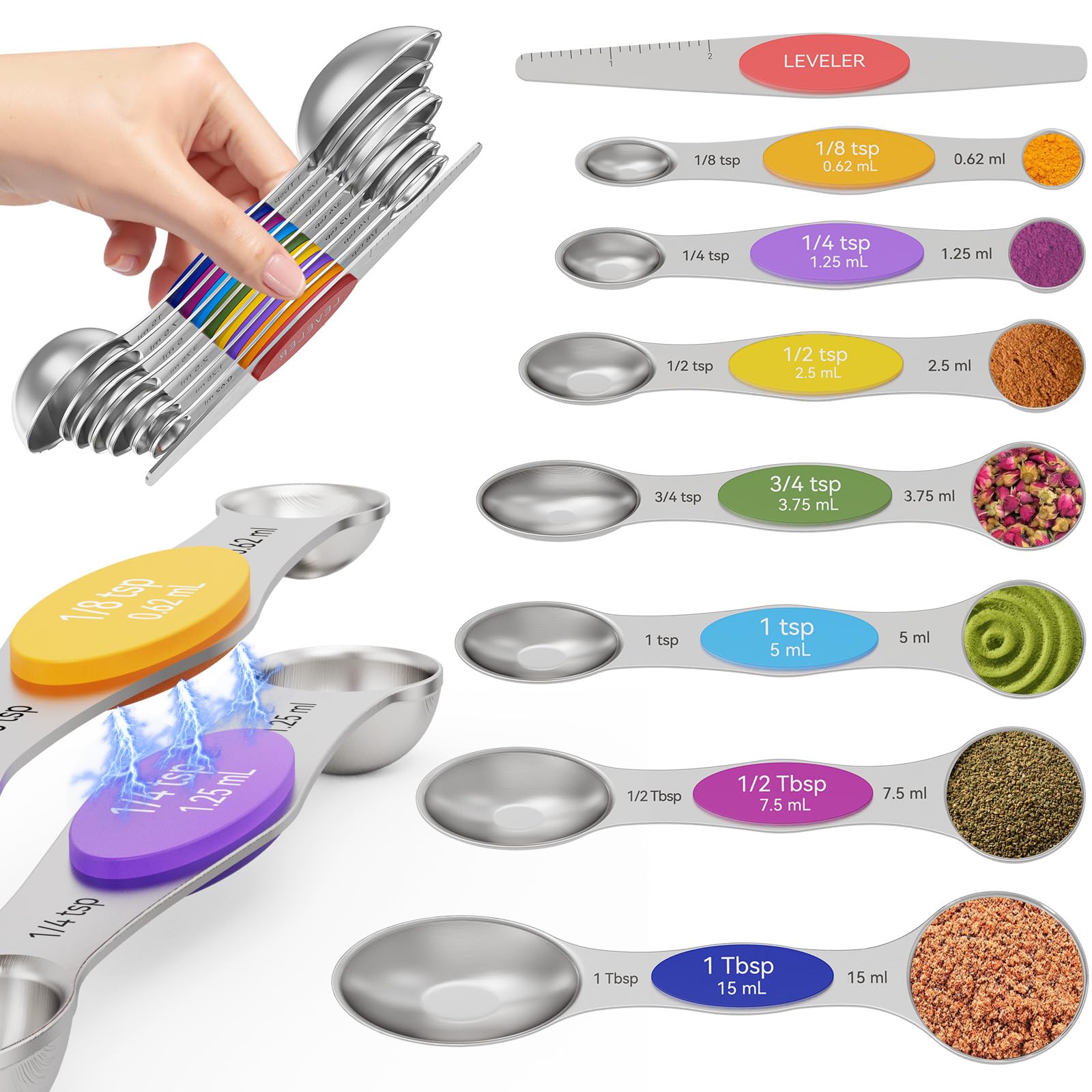 Abtrino magnetic measuring spoons set of eight in vibrant colors for precise measurements.