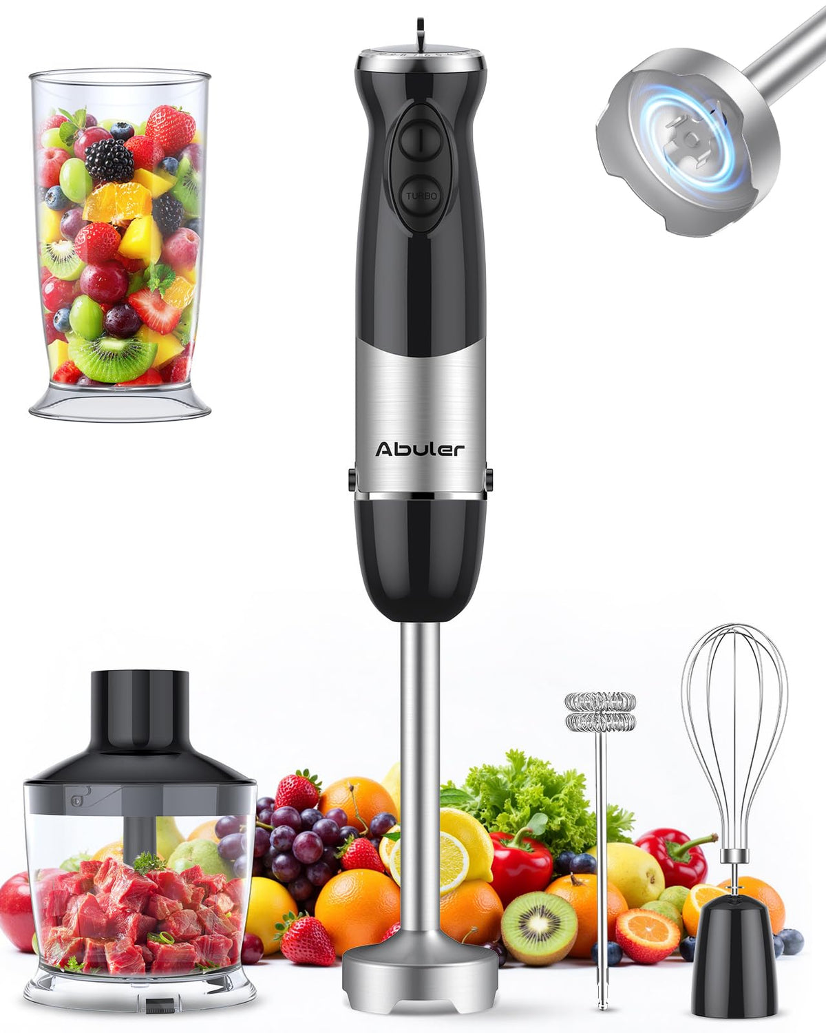 Abuler immersion blender 1000W with 5-in-1 versatility for smooth soups.