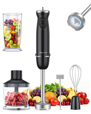 Abuler immersion blender handle shown in use for quick soups and sauces.