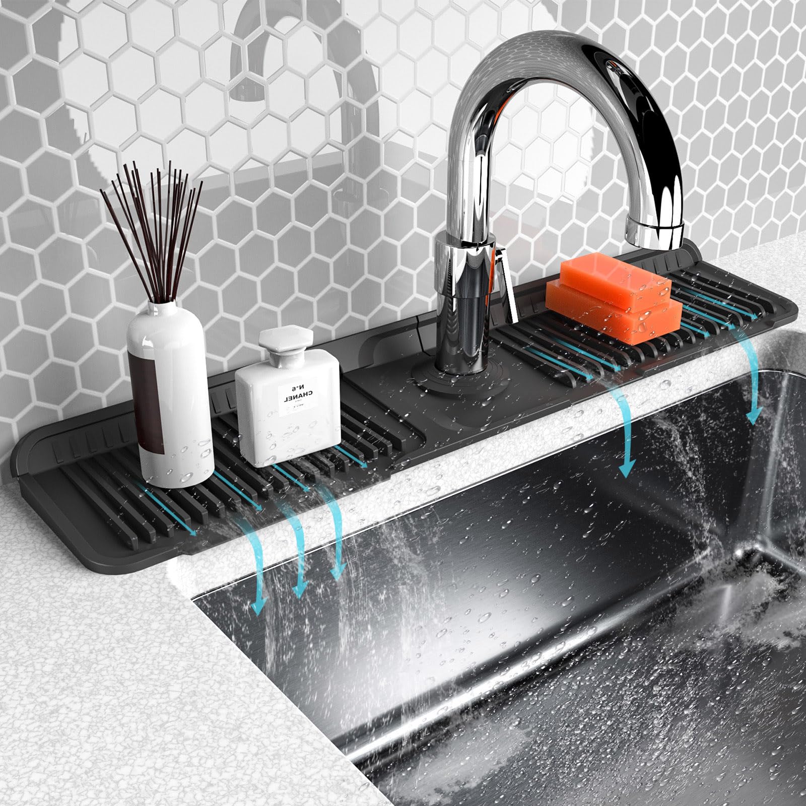 Abulun folding faucet mat in a wide sink showing foldable width adjustments for fit.