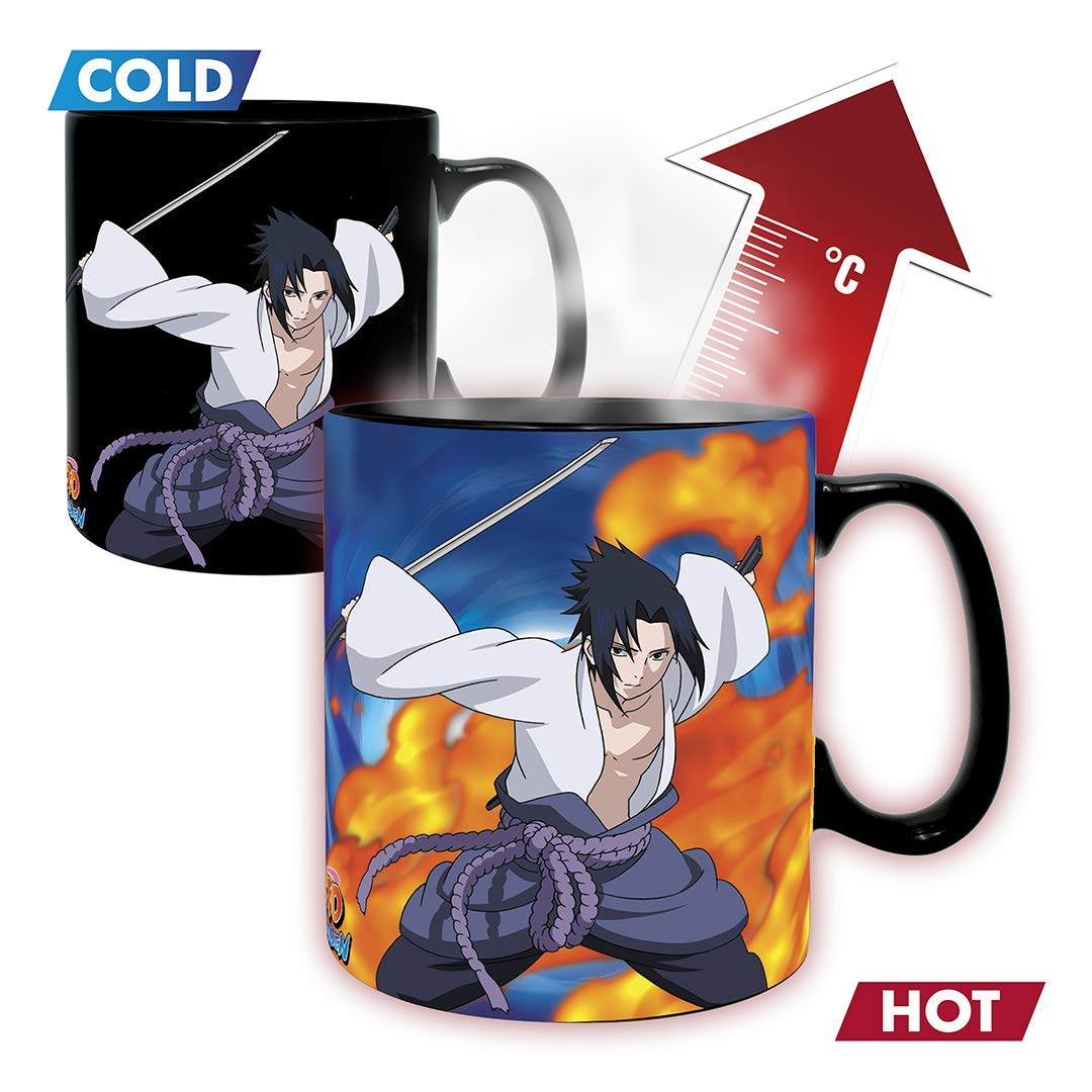 ABYSTYLE Naruto Sasuke heat-change mug reveal—hot liquid activates vibrant artwork.