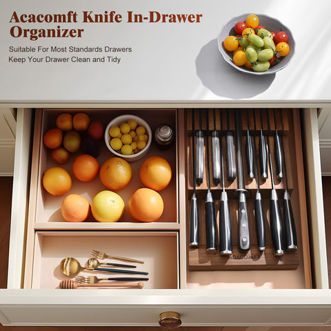Acacomft knife block fits standard drawers for space-saving knife storage.