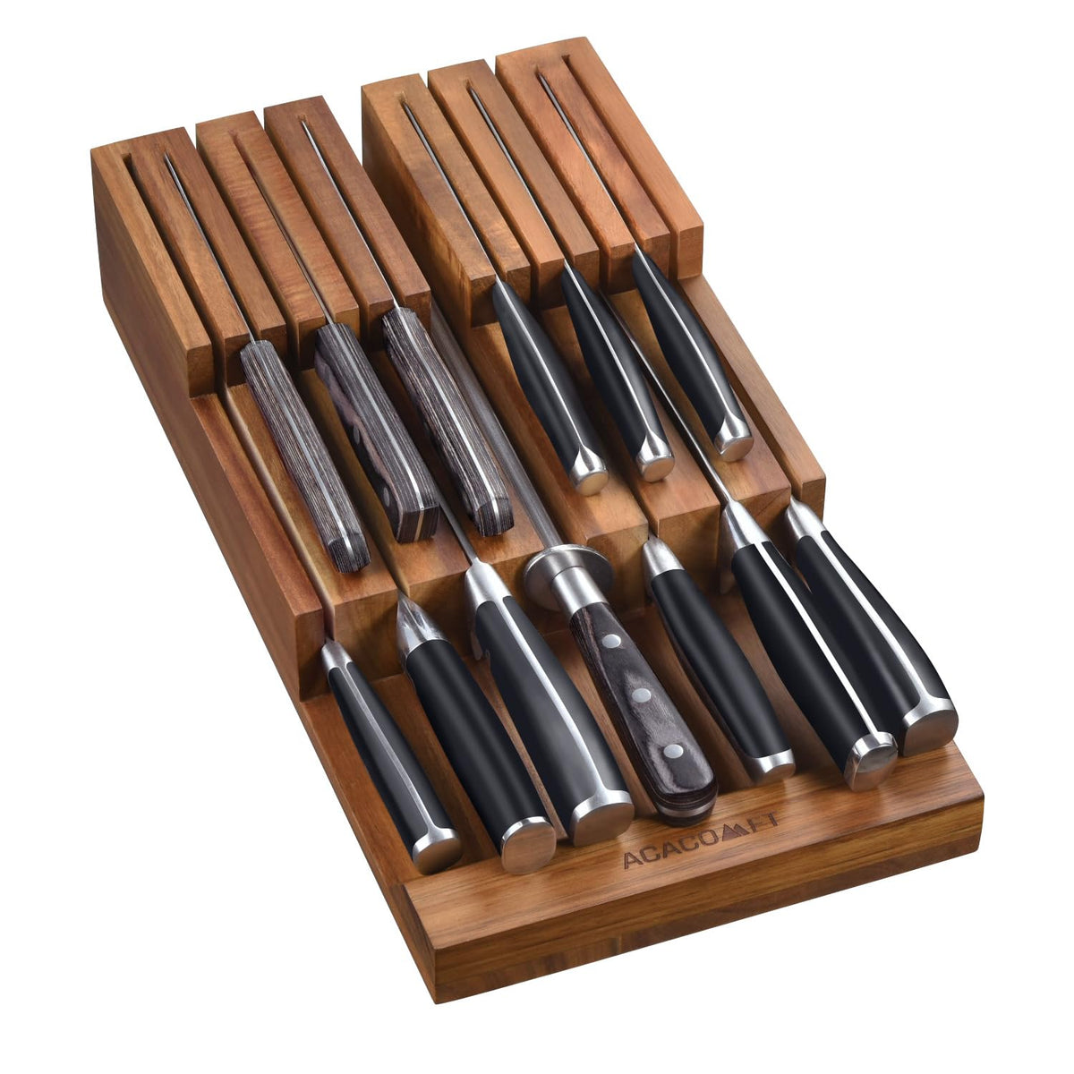 Acacomft in-drawer knife block in acacia wood keeps knives organized and protected.