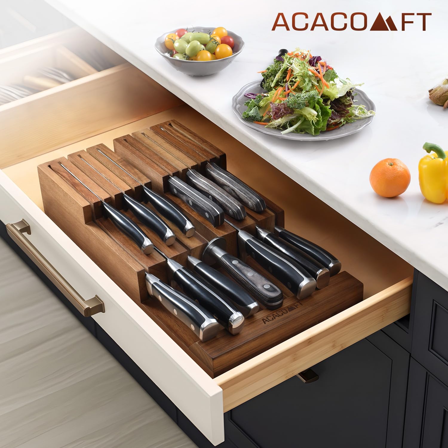 Acacomft large-capacity block holds up to 12 knives and a sharpening rod.