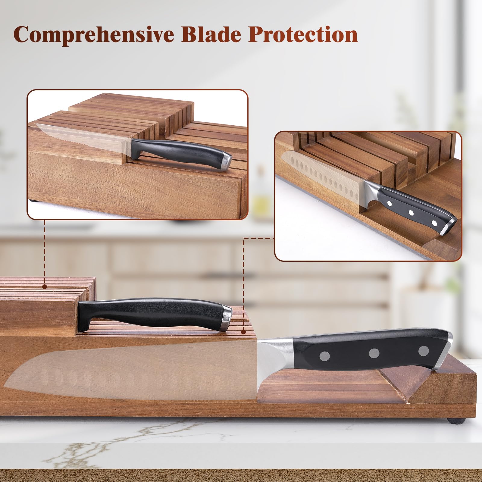 Acacomft wide slots accommodate steak and chef knives without crowding.