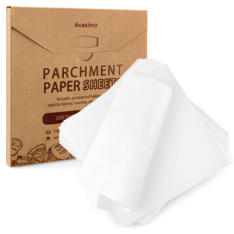 Acasimo parchment sheets box display with 200 sheets for versatile kitchen use.