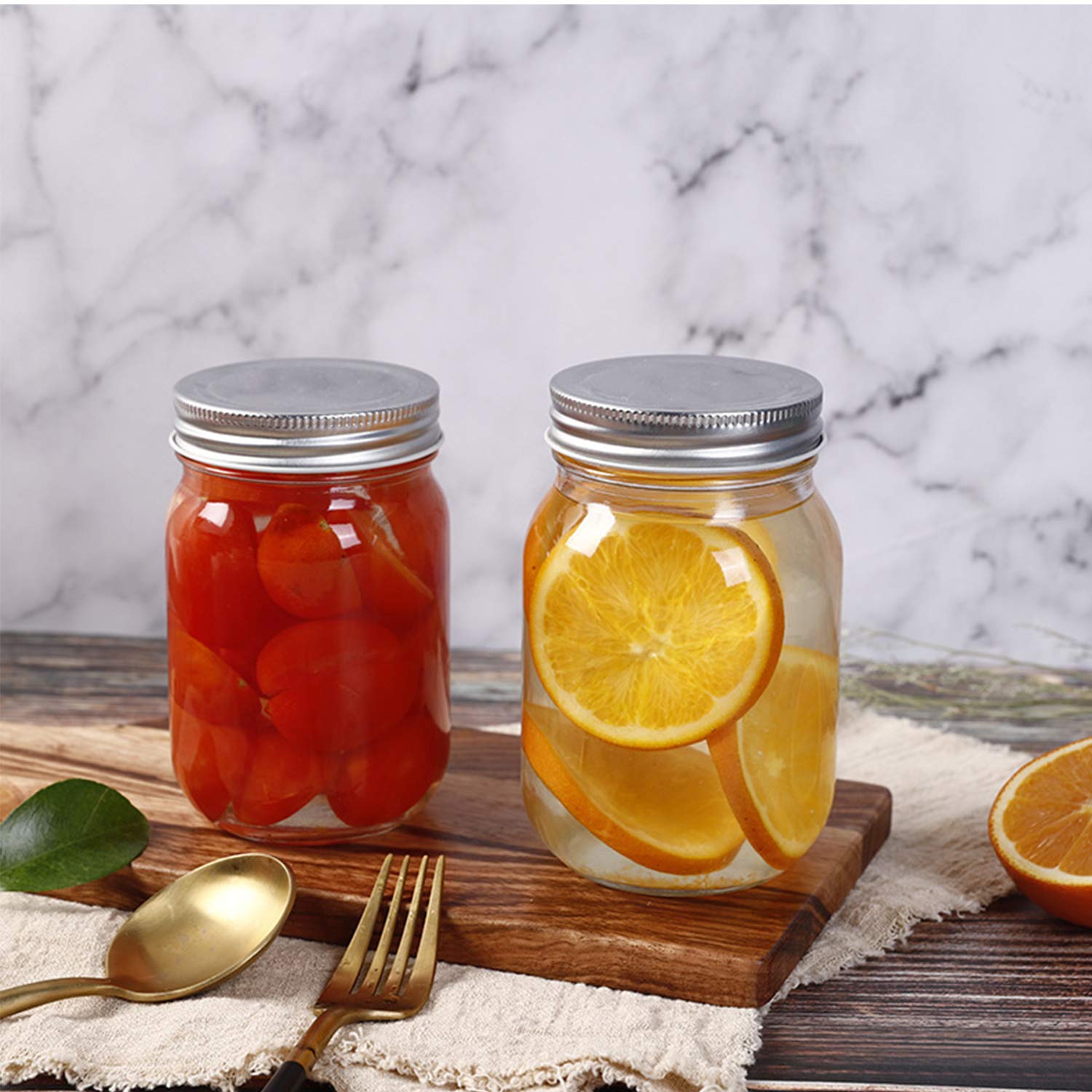 Refrigerator-safe 16-ounce glass jars with durable coating