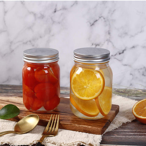 Refrigerator-safe 16-ounce glass jars with durable coating