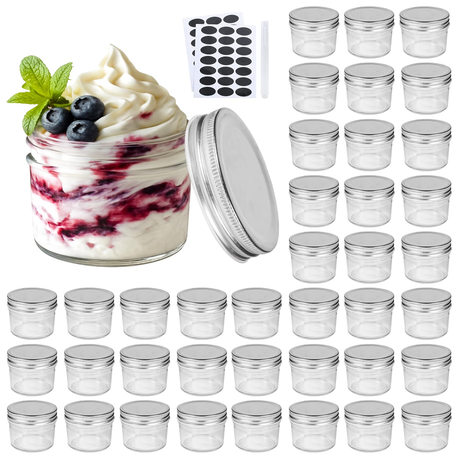 Accguan 4oz glass jar with silver lid, 40-pack, ideal for gifting and pantry storage.
