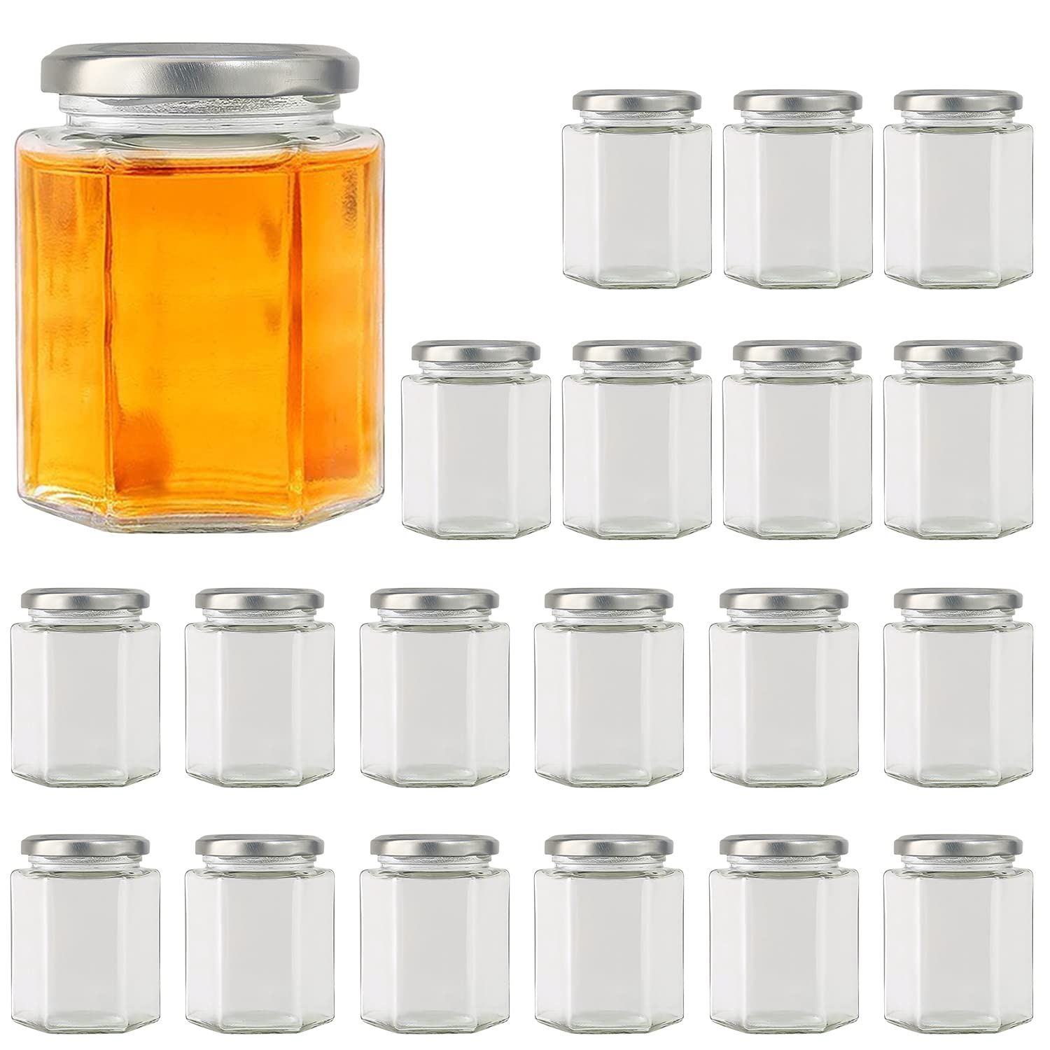 Accguan hexagonal glass jar with silver lid, 10oz, ideal for gifts and crafts.