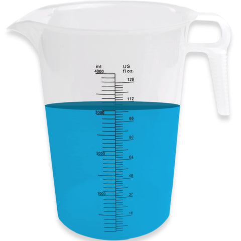 ACCUPOUR 128oz measuring pitcher highlights durable plastic for tough oil and chemical measuring tasks.