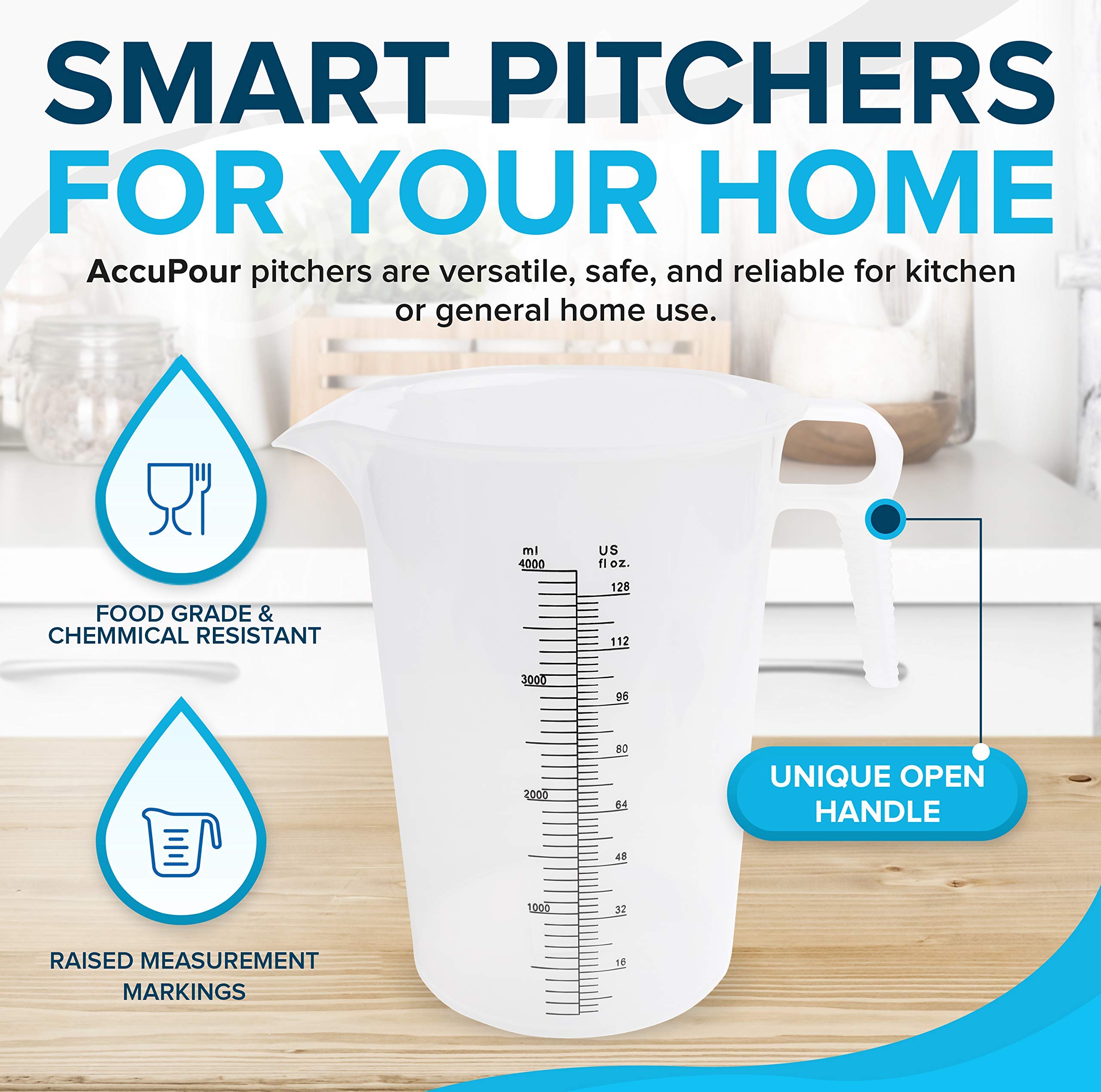 ACCUPOUR measuring pitcher ergonomic open handle provides comfortable grip for precise pouring.